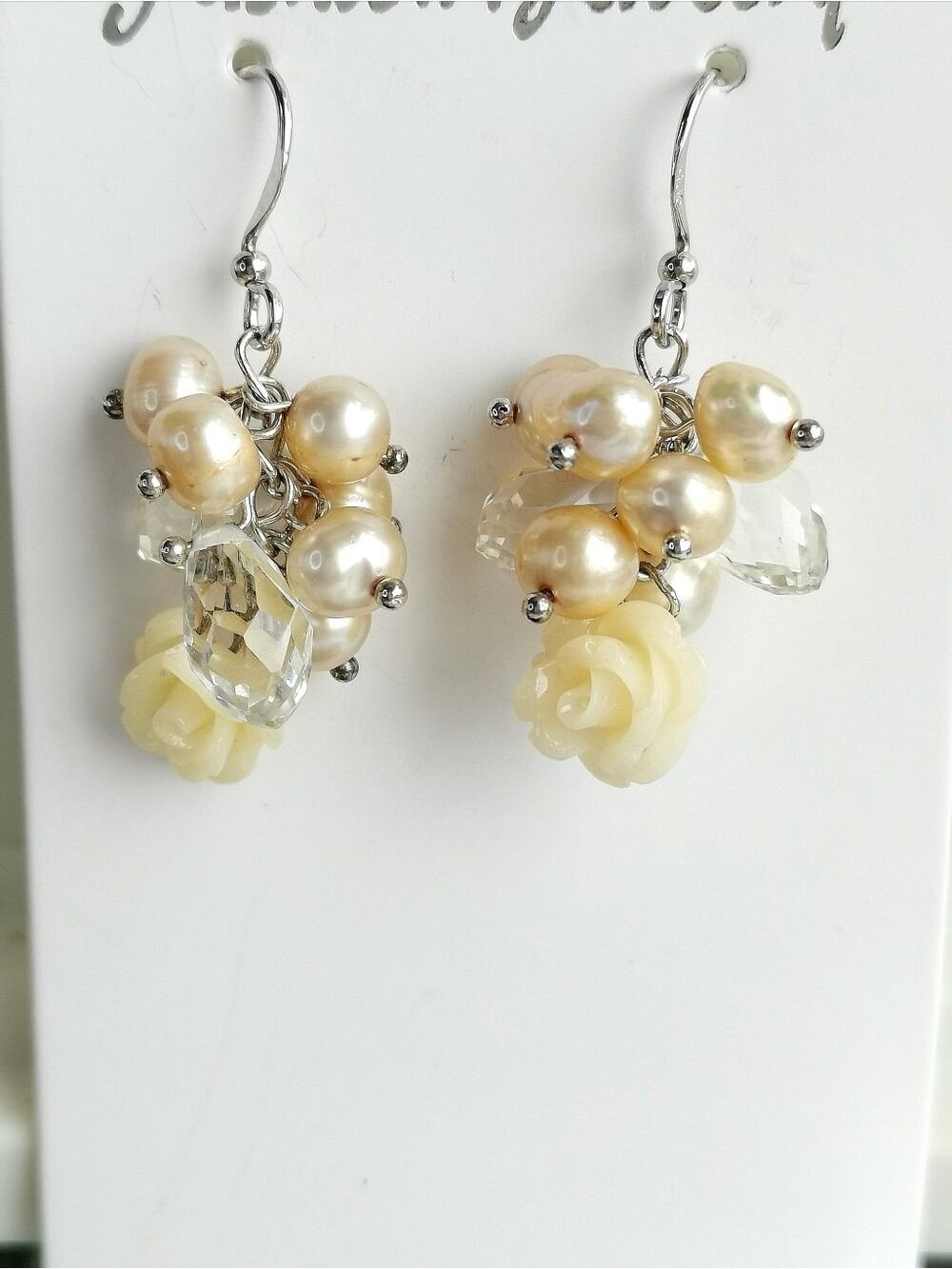 Freshwater pearl Swarovski Crystal  Carved Rose cluster earrings 🆕